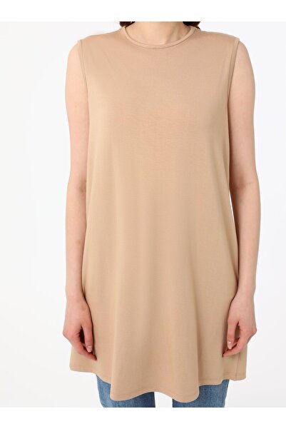 Benin Viskon Kumaştan Kolsuz Tunik - Bej - Benin