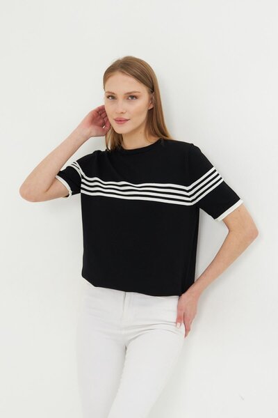 Irmak Kerekli Women's Crew Neck Short Sleeve Striped Knitwear Blouse 25111 Bl...
