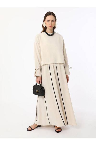 Benin Stripe Detailed Sleeves Tie Skirt Suit - Beige - Benin