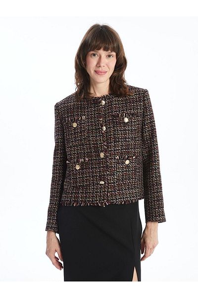 LC Waikiki Jachetă de damă din tweed în carouri cu decolteu