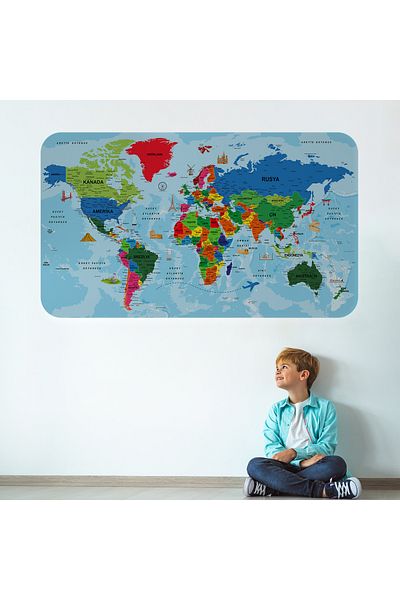 Harita Sepeti Turkish Educational Country And Capital Ocean Detailed Atlas Decorative World Map Wall Sticker-3866