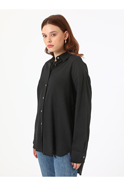 Benin Linen Textured Cotton Fabric Comfortable Fit Blouse / Shirt - Black - B...
