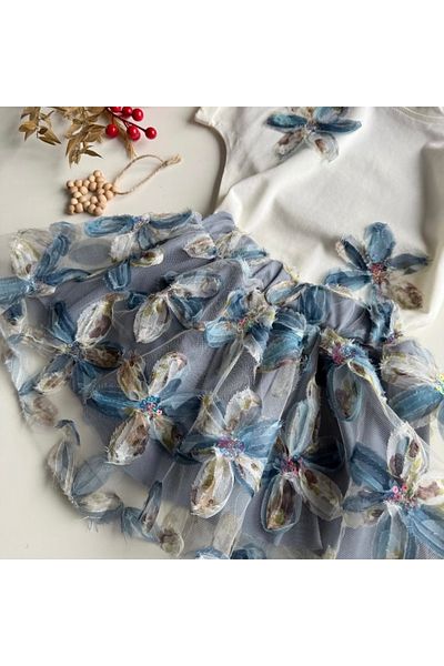 Nkb Kids Blue Girl's Clothes - 2-Piece Set with Skirt and T-Shirt |   Lily Embroidered Outfit