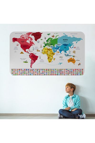 Harita Sepeti Turkish Country Flag Educational Capital Detailed Atlas World Map Wall Sticker-3861