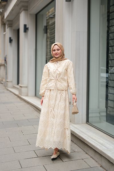 LOCCO Women's Stone Detailed Self-Patterned Suit Cream