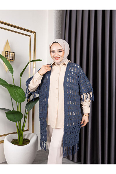 Sfg Life Moda Women's Seasonal Fringed and Openwork Cotton Knitwear Cardigan