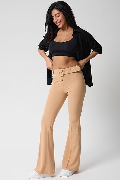 Firststops Women's Beige High Waist Spanish Trotting Pants with Belt