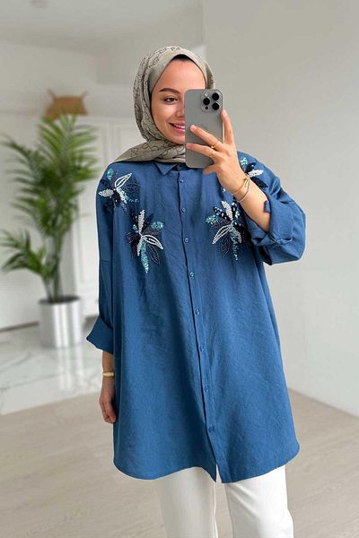 Ka Hijab Πουκάμισο με χαλαρή εφαρμογή Indigo Bead