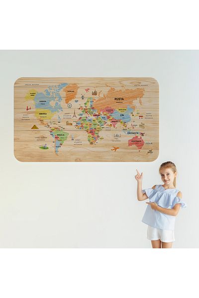 Harita Sepeti Wooden Look Turkish Educational Detailed Atlas Decorative World Map Wall Sticker-3868