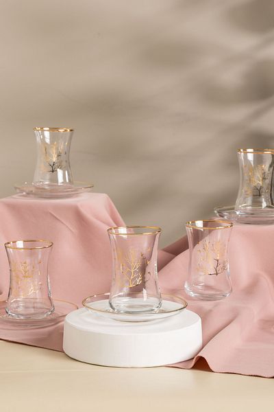 MEST 12 Pieces 6 Person Simple Gold Handcrafted Tree of Life Glass Tea Cup Set – Nature's Elegance
