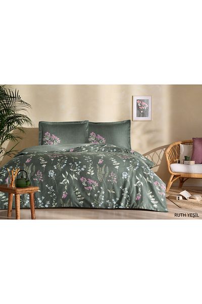 Taç Floral & Ruth Green 100% Cotton Satin Double Duvet Cover Set – Natural & Breathable Luxury Comfort