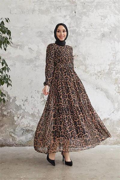 Dipmoda فستان نسائي من الشيفون مصنوع من القماش المستورد بنقشة الفهد DPSMS028