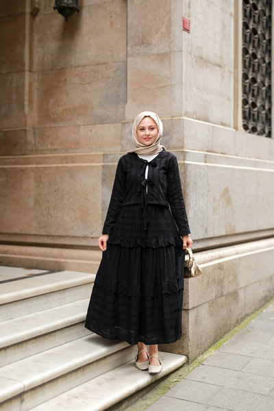 LOCCO Women's Black Front Ribbon Detail Double Suit