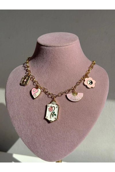 Reorah Collection Pink Rose Breeze Charm Necklace-Pink Charm Necklace with Rose