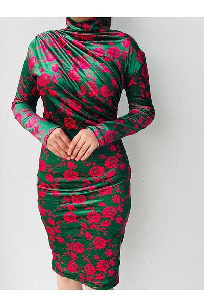 MODA Women Velvet Drawstring Turtleneck Green-Pink Rose Print Long Sleeve Drawstring Dress