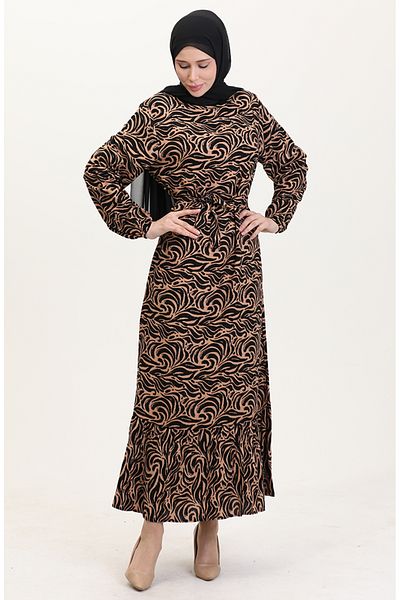 sefamerve Φόρεμα Milk Coffee Frilly Belted Φούστα από βισκόζη 0038-03