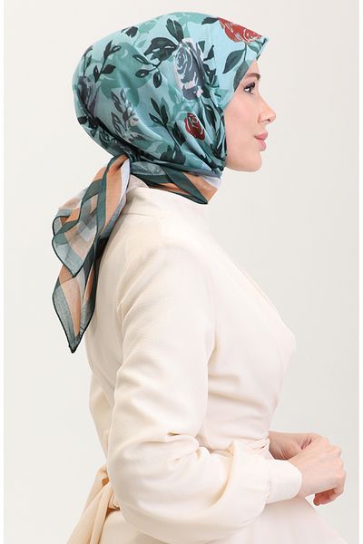 sefamerve Βαμβακερό κασκόλ με σχέδια - Emerald & Green Khaki 2074-10
