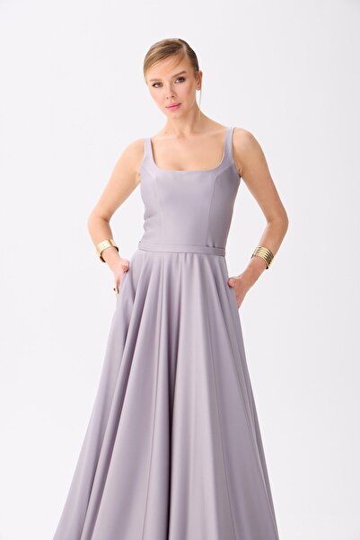 Carmen Gri Kare Yaka Saten Abiye Elbise