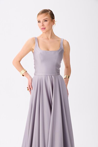 Carmen Gri Kare Yaka Saten Abiye Elbise