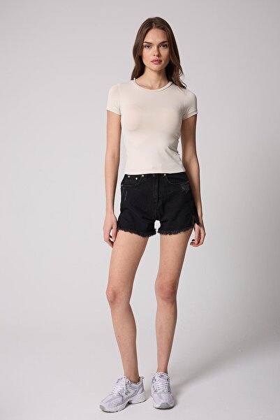 AMİDA Γυναικείο T-Shirt Lycra Slim Fit Κοντό μανίκι Crew Neck Κρεμ Χρώμα Basic - 2503