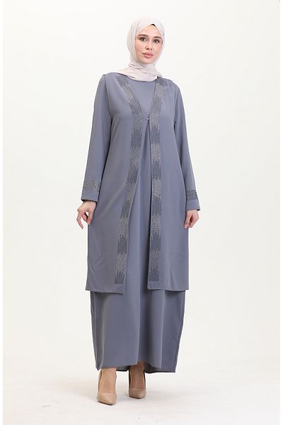 sefamerve Γκρι Φόρεμα Plus Size Γιλέκο Διπλό Σετ 6140-04
