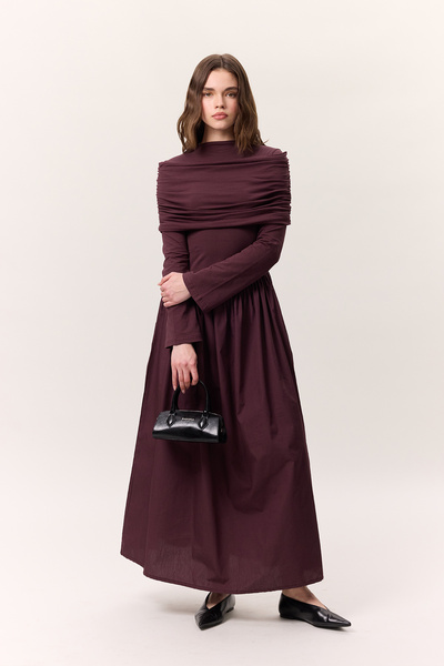 Manuka GENİŞ ETEKLİ UZUN ELBİSE BORDO