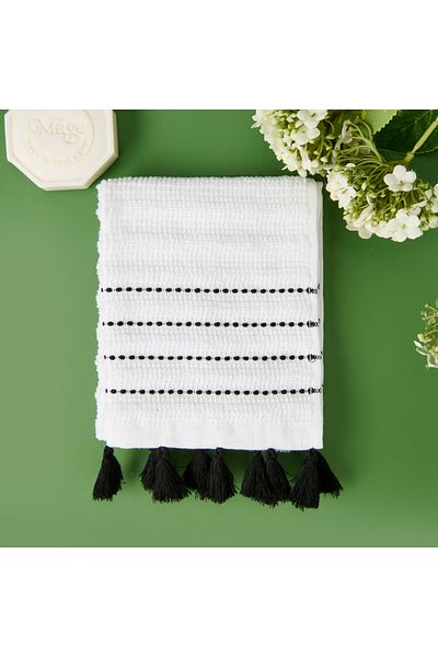 Evidea Soft Tasseled Hand Towel - White / Black - 30X50 cm