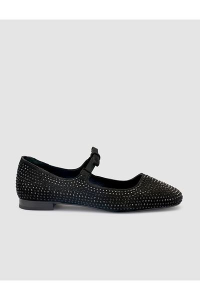 Cabani 100% Genuine Leather Black Suede Women's Ballerinas with Stone Detail