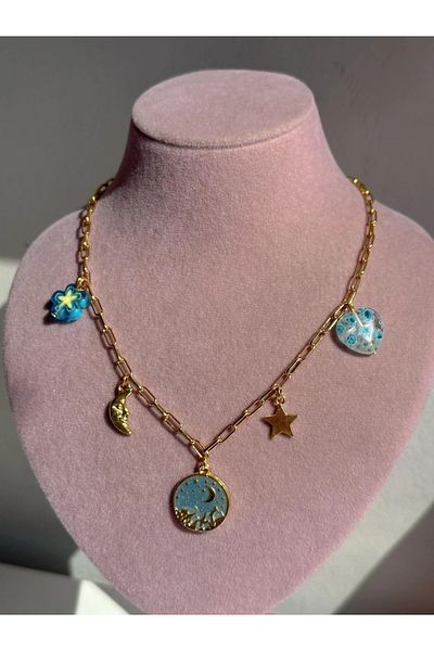 Reorah Collection Blue Night Charm Necklace-Blue Moon Star Charm Necklace
