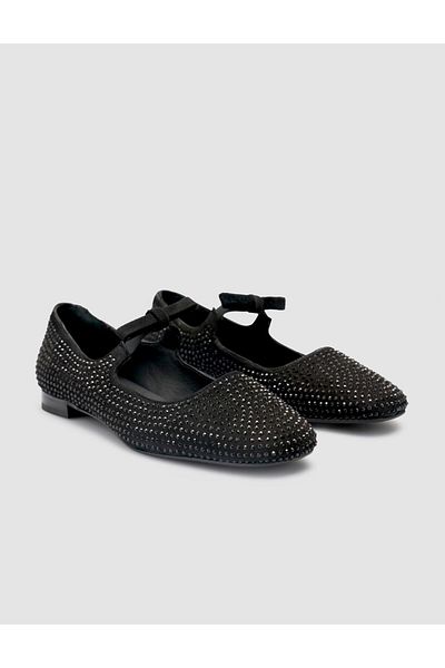 Cabani 100% Genuine Leather Black Suede Women's Ballerinas with Stone Detail