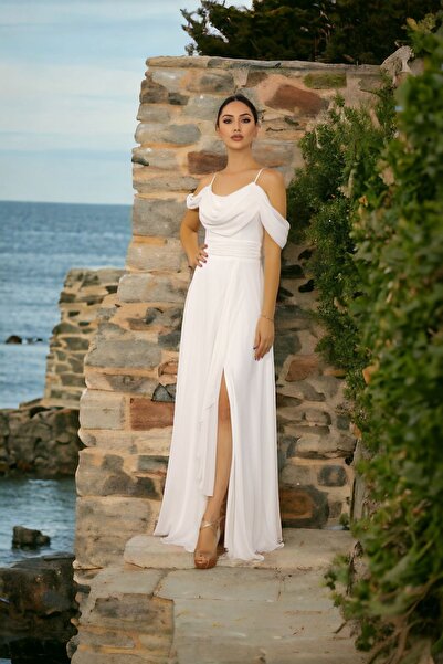 FaBe Fashion Ip Askılı Degaje Yaka Düşük Omuzlu Yırtmaçlı Sırtı Bağcıklı Şifon Dış Çekim Ve Nikah Nişan Elbisesi