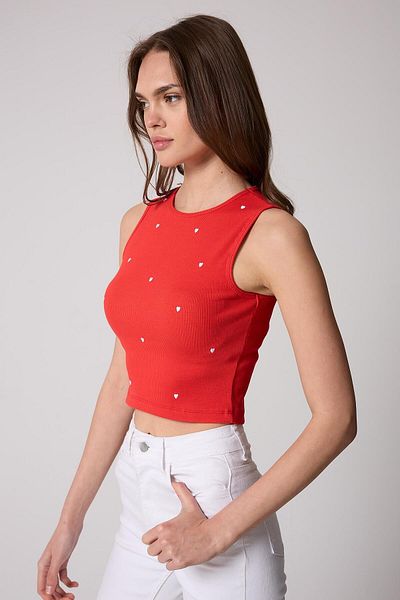 AMİDA Women's Crop Tank Top Ribbed Look Heart Embroidered Red - 2506