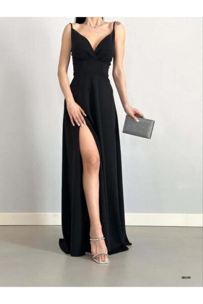 Modafeminen Kruvaze Yaka Yırtmaç Detaylı Krep Kumaş Nikah Düğün Ve Mezuniyet Elbisesi 582664