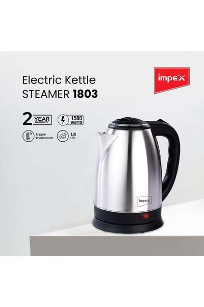 İMPEX 1.8L Stainless Steel Electric Kettle 1500W With Triple Thermostat&Heat Resistant-Silver STEAMER 1803