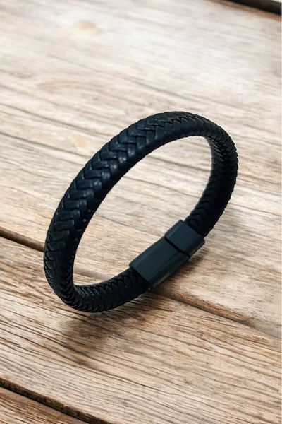 Birmem All Black Double Leather Bracelet Set - Sophisticated and Stylish