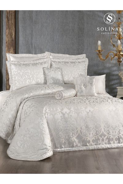 Solinas Collection مفرش سرير إليز أبيض مزدوج فضي لامع