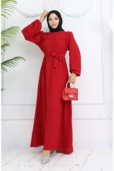 sefamerve Crepe Fabric Elastic Dress with Sleeves 0029-01 Red