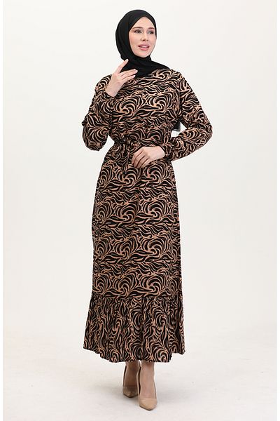 sefamerve Φόρεμα Milk Coffee Frilly Belted Φούστα από βισκόζη 0038-03