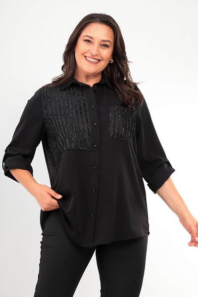Metpoint Trend42Plus Large Size Striped Glittery Black Shirt with Pockets