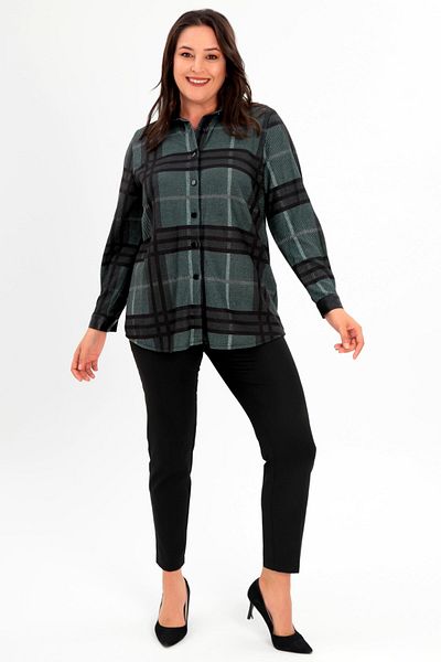 Metpoint Trend42plus Plus Size Ψηφιακό καρό εμπριμέ δερμάτινο γιακά πράσινο πουκάμισο