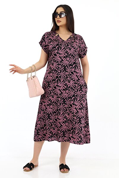 SCHIK Women's Viscose Half Sleeve V-Neck Dress with Ring Pockets Pink