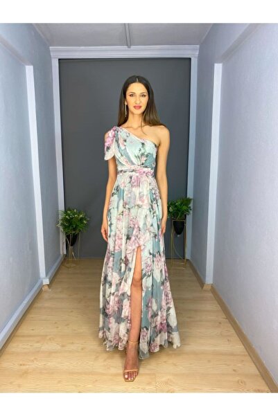 gökkuşagı moda Çağla Desenli Şifon Tek Omuz  Yırtmaçlı Uzun Abiye Elbise