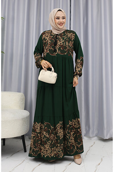sefamerve Sulu Desen Elbise 4082-05 Zümrüt Yeşili