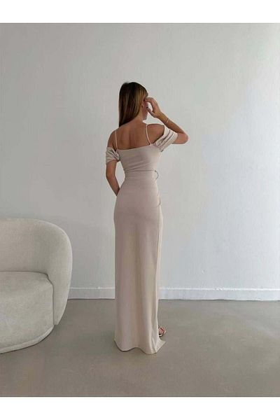 Modafeminen Φόρεμα με ζώνη με σχισμή ώμου 582134 Μπεζ