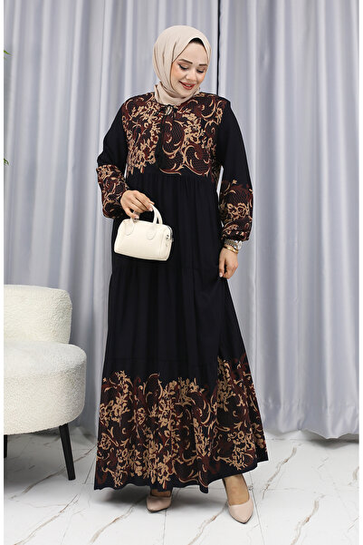sefamerve Sulu Desen Elbise 4082-01 Siyah Kahverengi