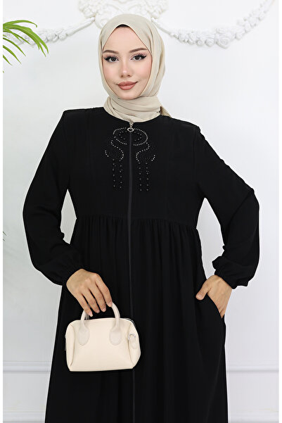 sefamerve Kolu Lastikli Taşlı Fermuarlı Ferace 6129-01 Siyah
