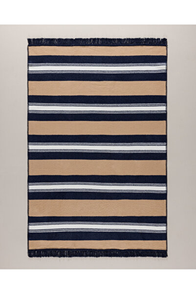 Madame Coco Rosée Pamuklu Saçaklı Dokuma Kilim - Bej/Lacivert - 120x180 cm