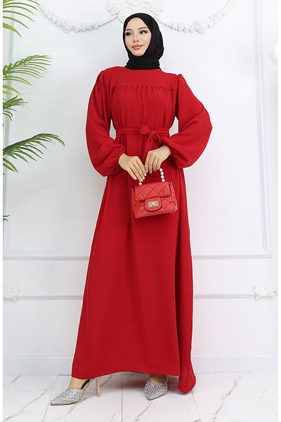 sefamerve Crepe Fabric Elastic Dress with Sleeves 0029-01 Red