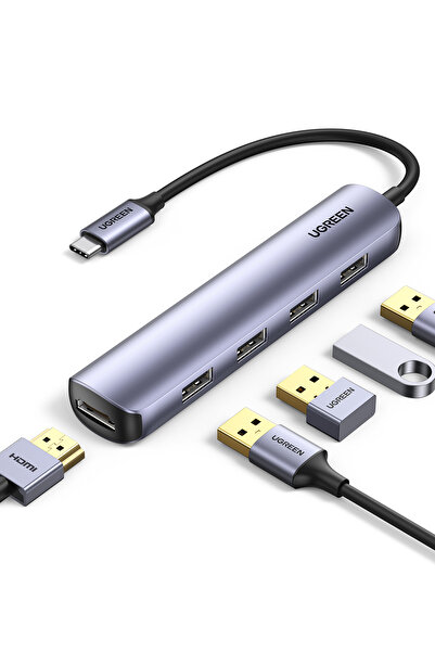 Ugreen | محول USB-C إلى HDMI+4*USB 3.0 A | رمادي