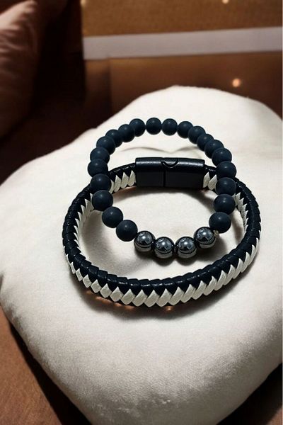Birmem Double Black White Braided Leather and Matte Black Beaded Bracelet Set - Men and Women